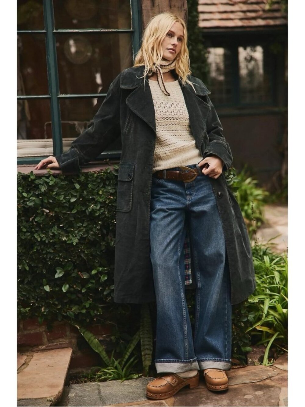 Free People Retro 70s Fox Cord Corduroy Duster Trench Coat Dark Charcoal Medium - Picture 2 of 16